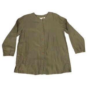 J JILL Women Linen Tunic Sz M Green Blouse Split Back Embroidered 41-9